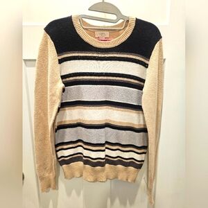 LOFT Women’s Striped Sweater Size M Tan Black Gray Sequin Detail Crewneck Long S